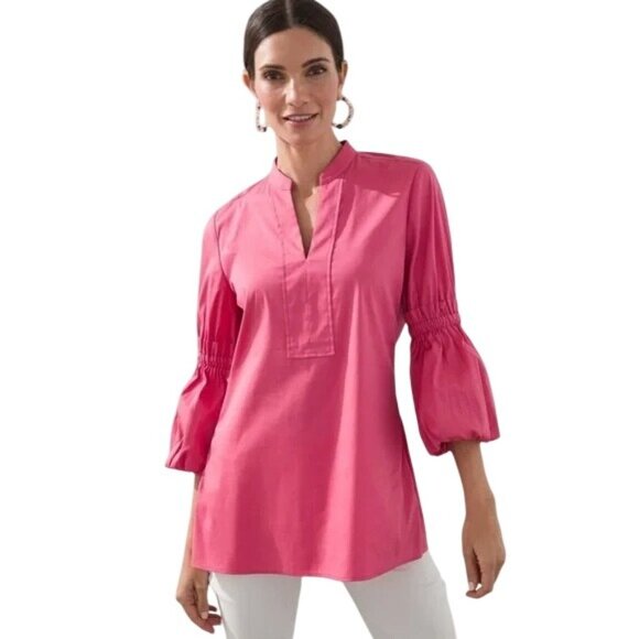 Chicos Popover Blouse Size 12 V Neck Ruffle Sleeve Pink Feminine Career Business - Picture 1 of 8